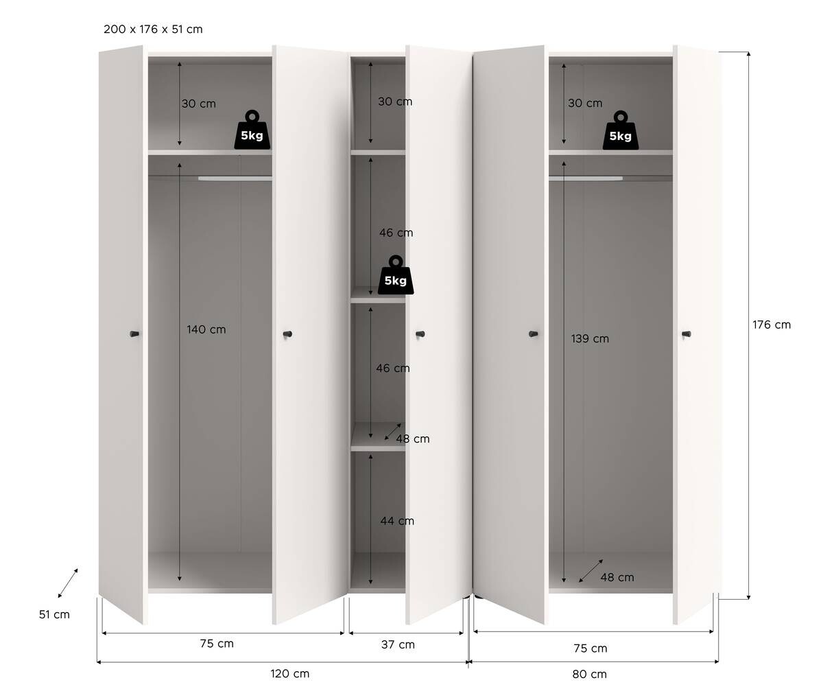 Kleiderschrank DARWIN weiß B/H/T: ca. 200x176x51 cm