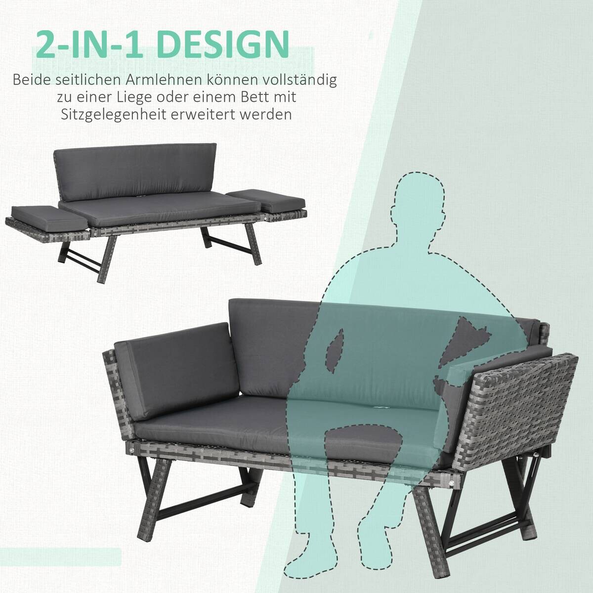 Outsunny Gartensofa grau Polyrattan B/H/L: ca. 63x129x67 cm
