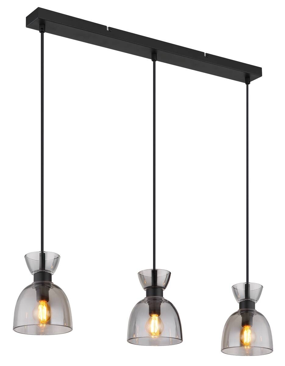 GLOBO Pendelleuchte schwarz Rauch mattschwarz Metall Glas B/H: ca. 65x120 cm E14 3 Brennstellen
