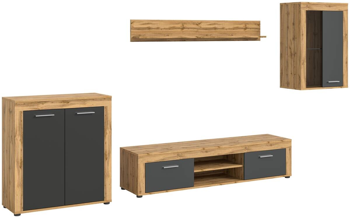 Wohnwand Jam Eiche Wotan Nachbildung grau B/H/T: ca. 330x169x35 cm