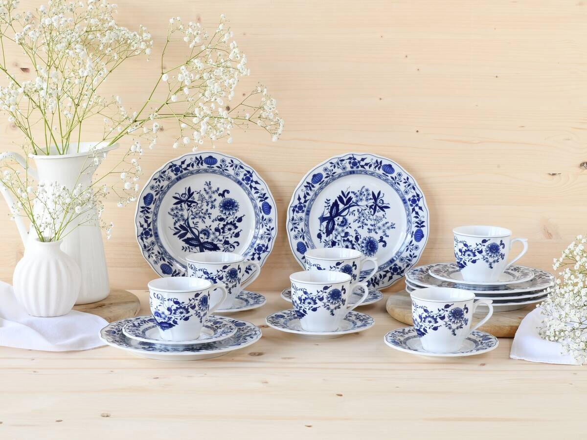 CreaTable Kaffeeservice Flora Zwiebelmuster blau Porzellan 18 tlg.