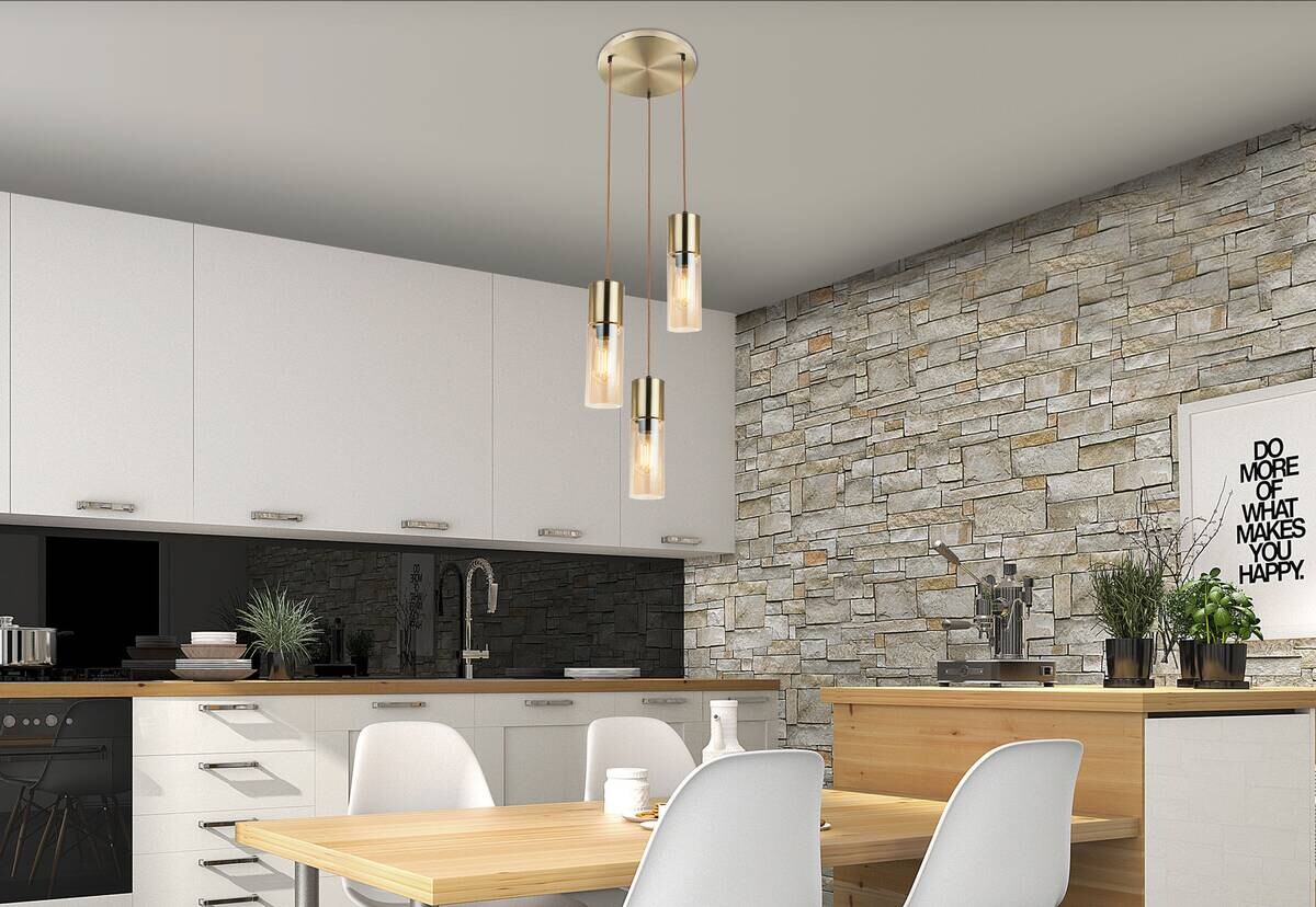 GLOBO Pendelleuchte messing amber Metall Glas H/D: ca. 150x30 cm E27 3 Brennstellen