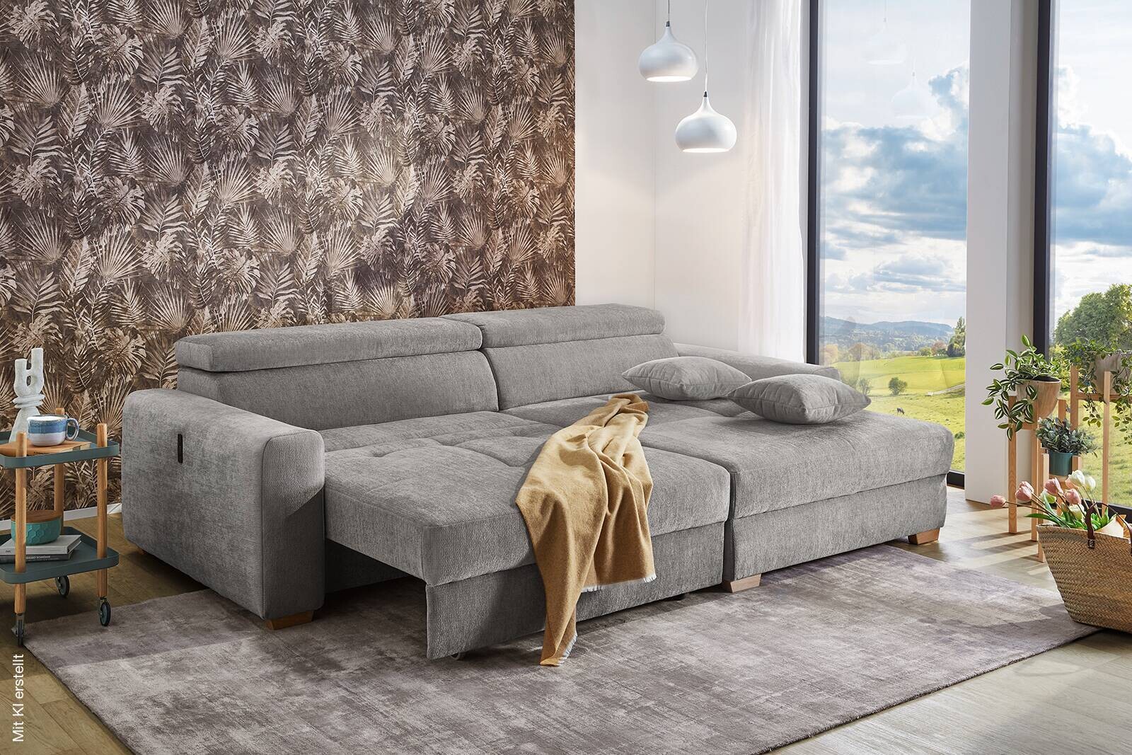 Ecksofa mit elektrischer XXL Sitztiefenverstellung hellgrau Flachgewebe B/H/T: ca. 277x109x187 cm