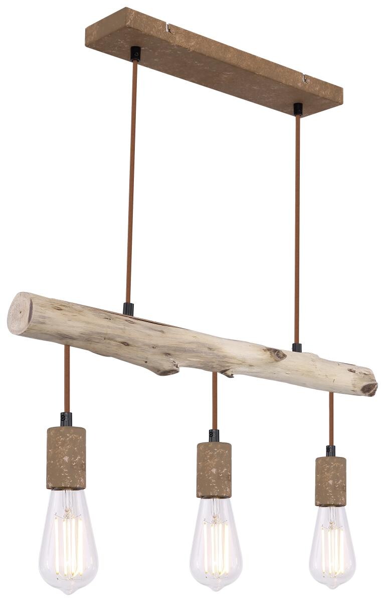 GLOBO Pendelleuchte Jakob rostfarbig Metall Echtholz B/H/T: ca. 60x120x9 cm E27 3 Brennstellen