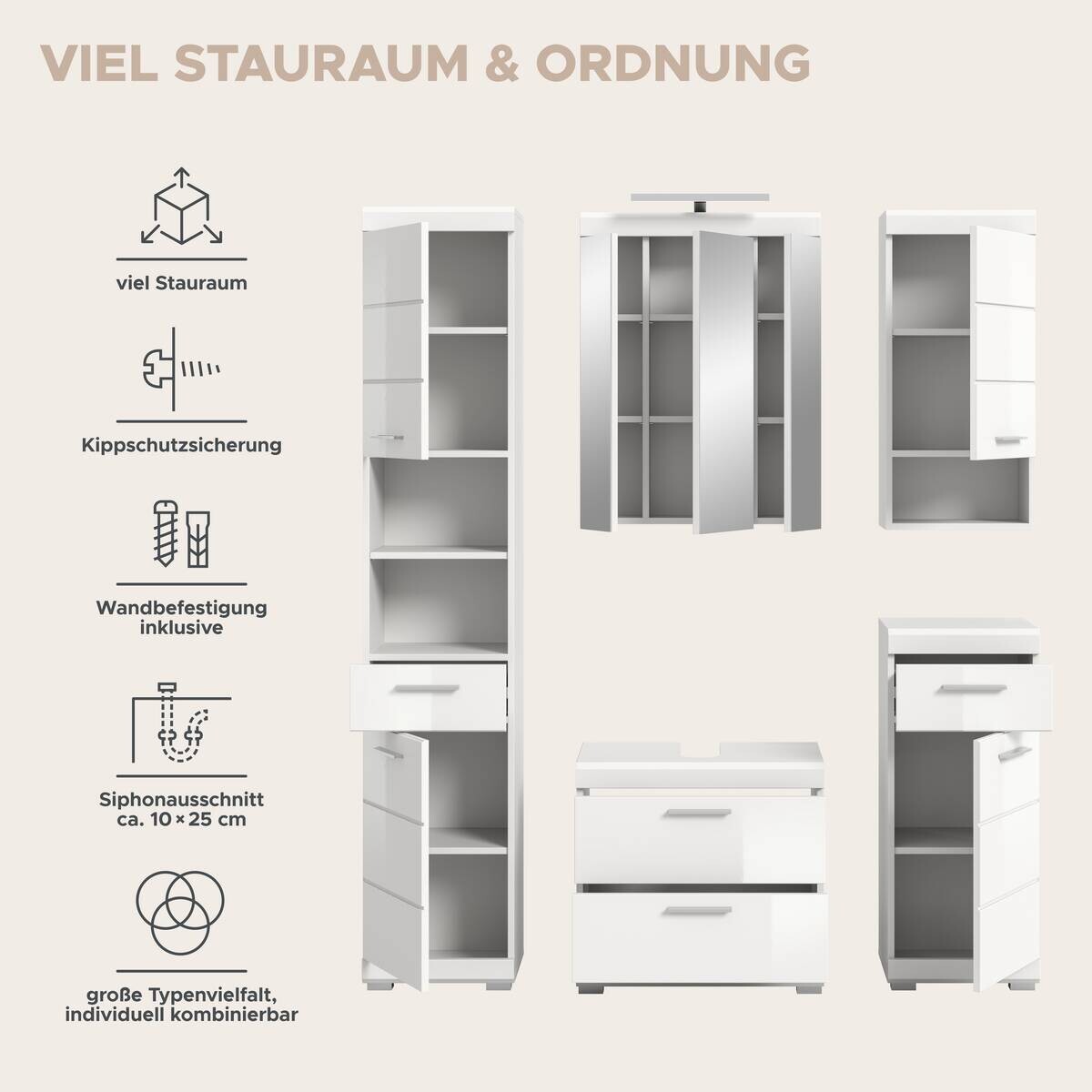 Badezimmer-Set Scout weiß weiß Hochglanz B/H/T: ca. 164x191x37 cm