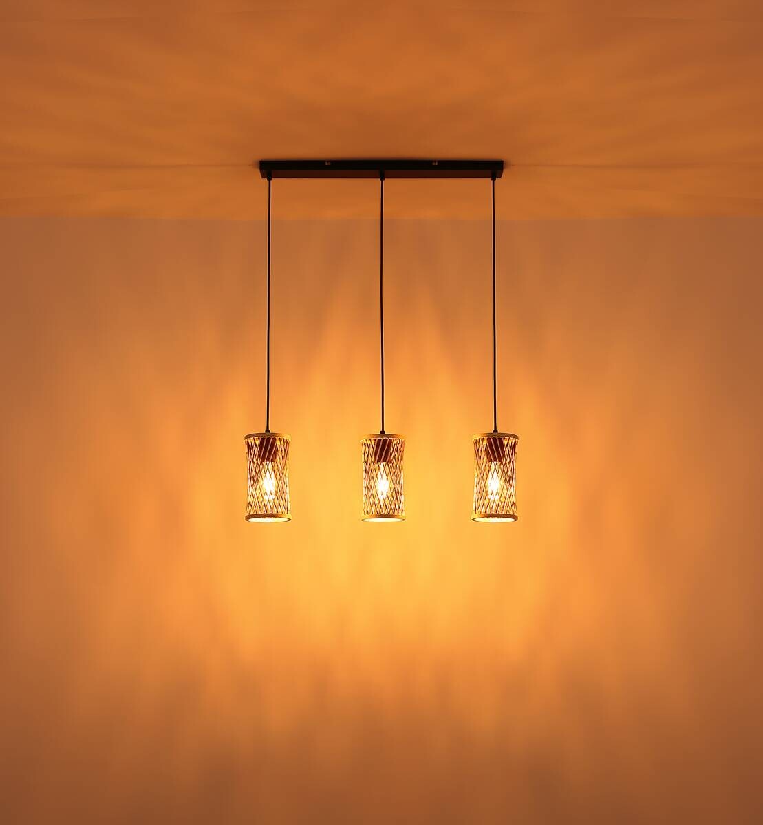 GLOBO LED-Pendelleuchte MALI schwarz Bambus Metall B/H/T: ca. 12x150x72 cm 3 Brennstellen