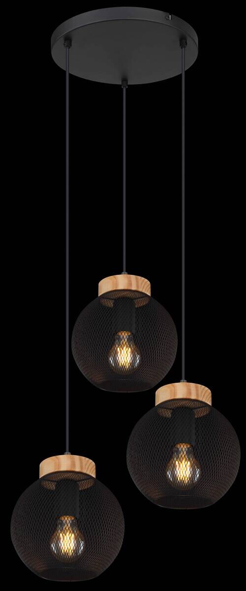 GLOBO Pendelleuchte Pablo schwarz natur Metall Holz H/D: ca. 120x44 cm E27 3 Brennstellen