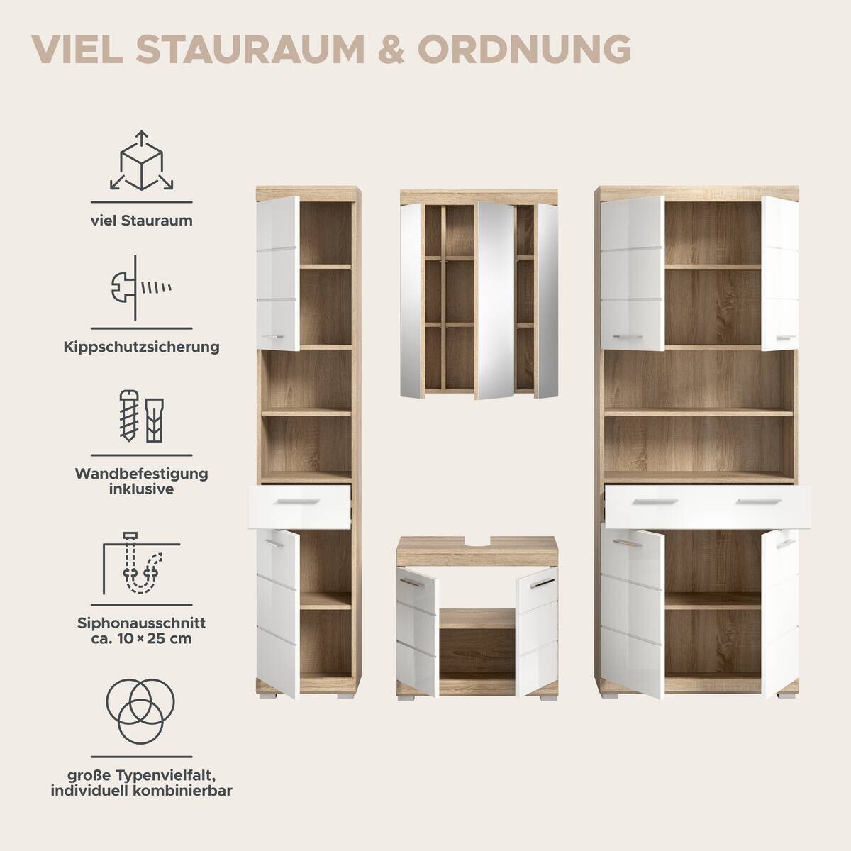 Badezimmer-Set Lambada Eiche Sonoma Nachbildung weiß Hochglanz B/H/T: ca. 186x191x34 cm