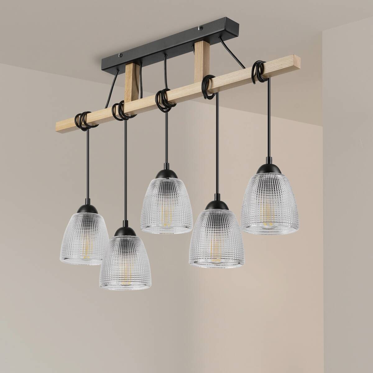 Lamkur Pendelleuchte Eiche Stahl B/H/L: ca. 75x88x75 cm E27 5 Brennstellen