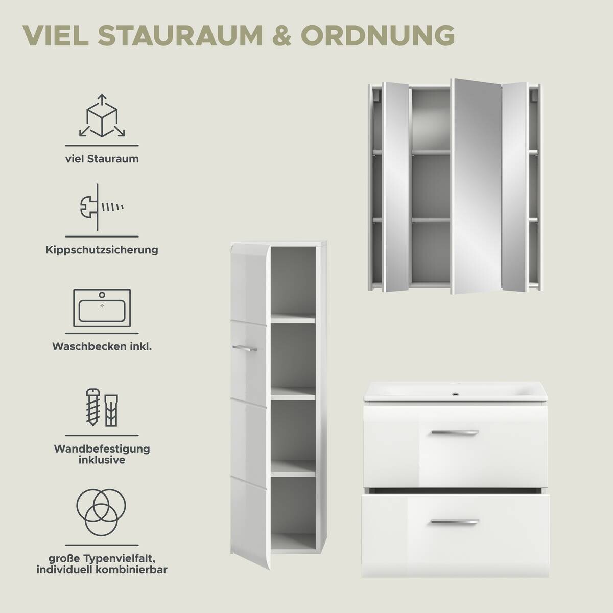 Badezimmer-Set Ice weiß weiß Hochglanz B/H/T: ca. 105x185x46 cm