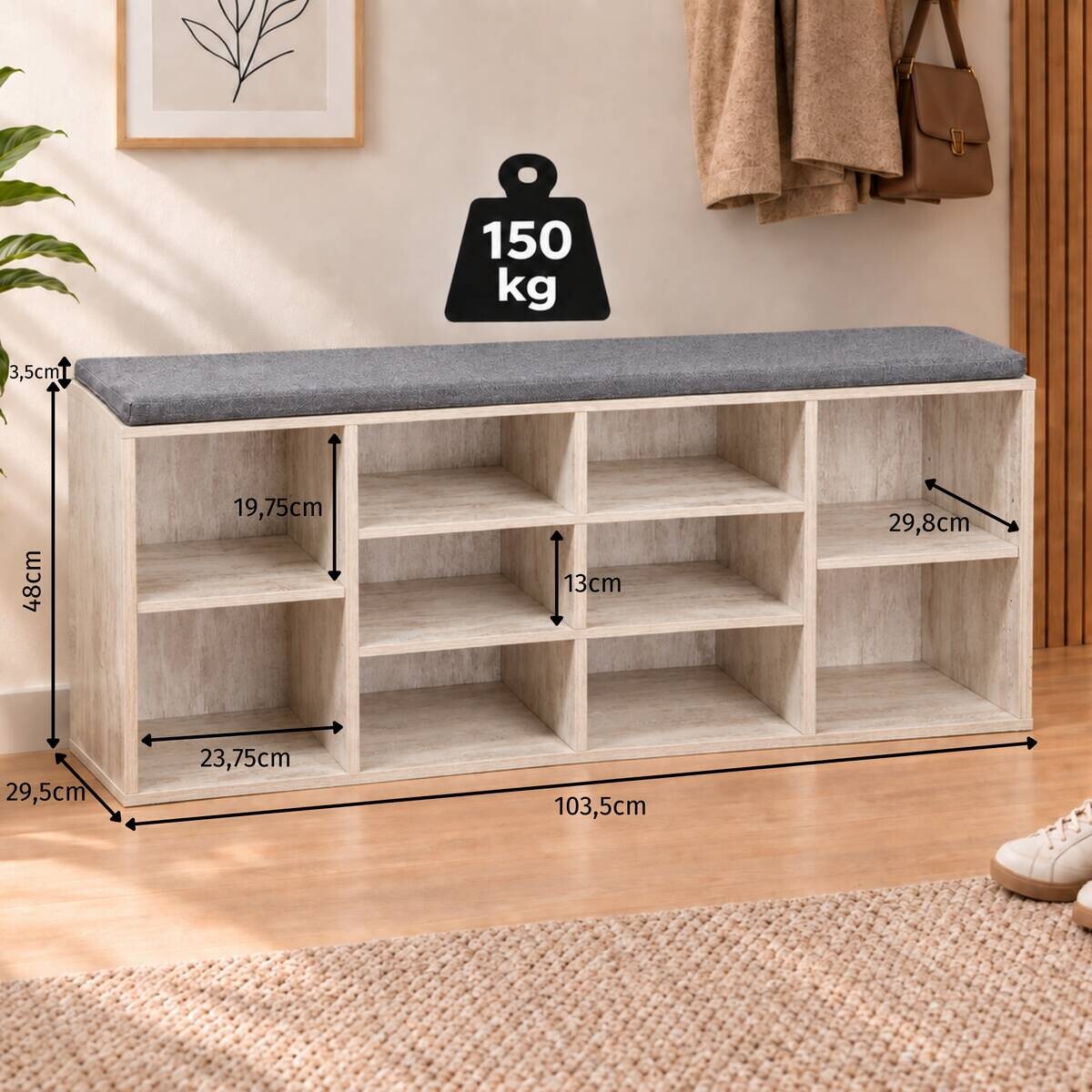 Kesper Schuhschrank mit Sitzkissen weiß Spanplatte B/H/L: ca. 29,5x48x103,5 cm