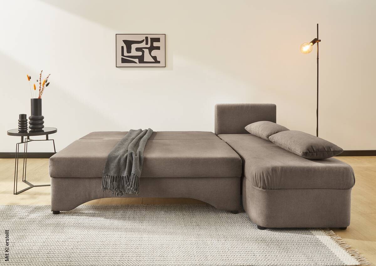 Ecksofa mit Bettfunktion und Bettkasten hellbraun Microfaser B/H/T: ca. 191x70x142 cm