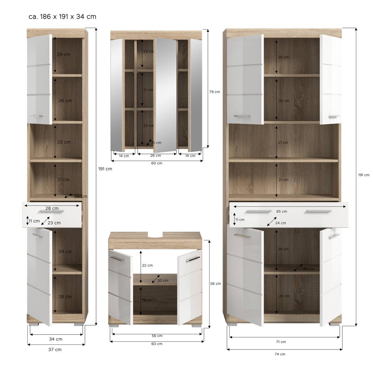 Badezimmer-Set Lambada Eiche Sonoma Nachbildung weiß Hochglanz B/H/T: ca. 186x191x34 cm