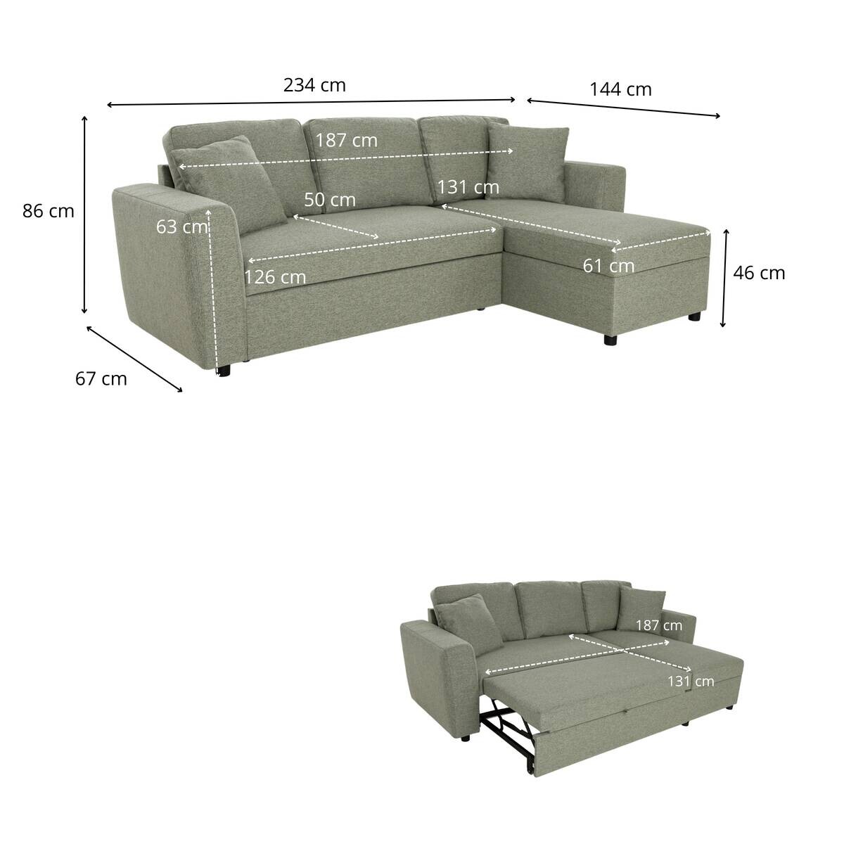 Ecksofa mit Bettfunktion und Bettkasten grün Webstoff B/H/T: ca. 234x86x144 cm