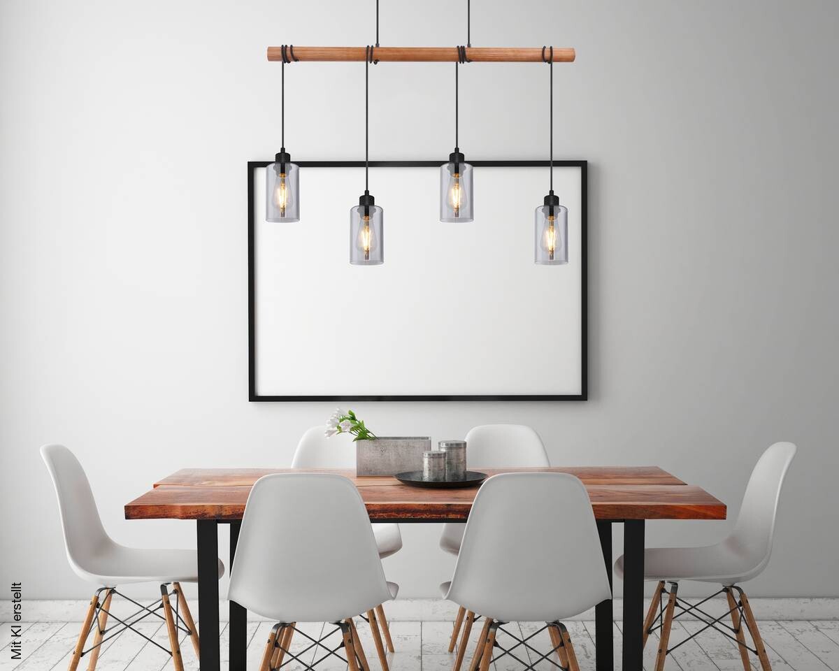 GLOBO Pendelleuchte Hadera schwarz natur Metall Holz Rauchglas B/H/T: ca. 98x130x15 cm E27 4 Brennstellen