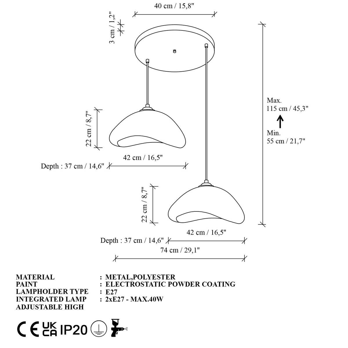 Opviq Pendelleuchte weiß B/H/T: ca. 74x106x74 cm E27 2 Brennstellen