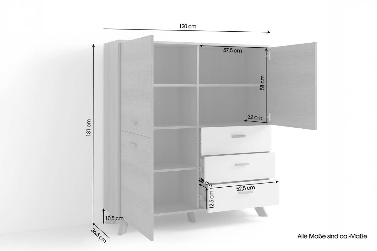 Highboard BASTIAN Eiche weiß B/H/T: ca. 120x131x36,5 cm