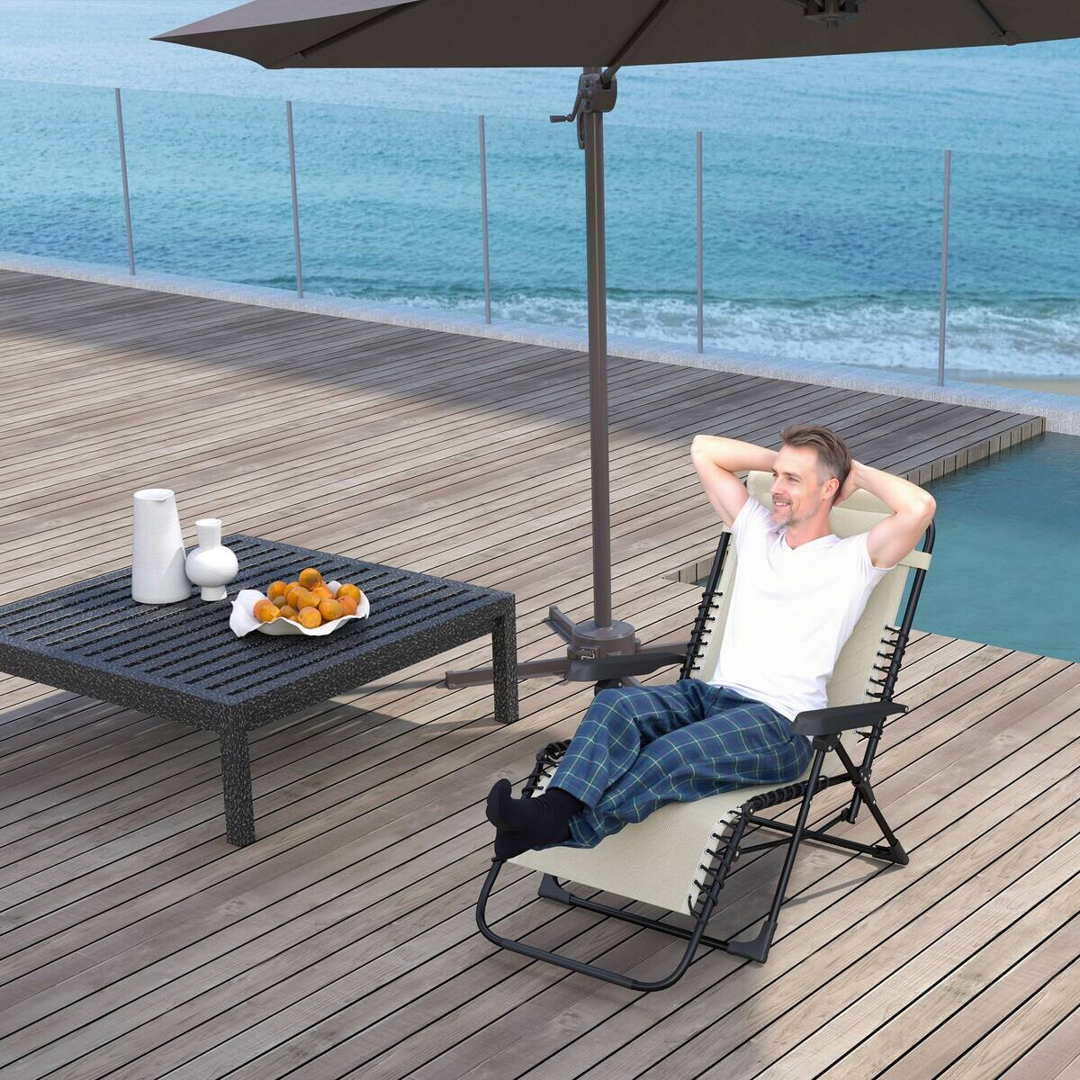 Outsunny Sonnenliege beige Netzstoff B/H/L: ca. 65x112x90 cm