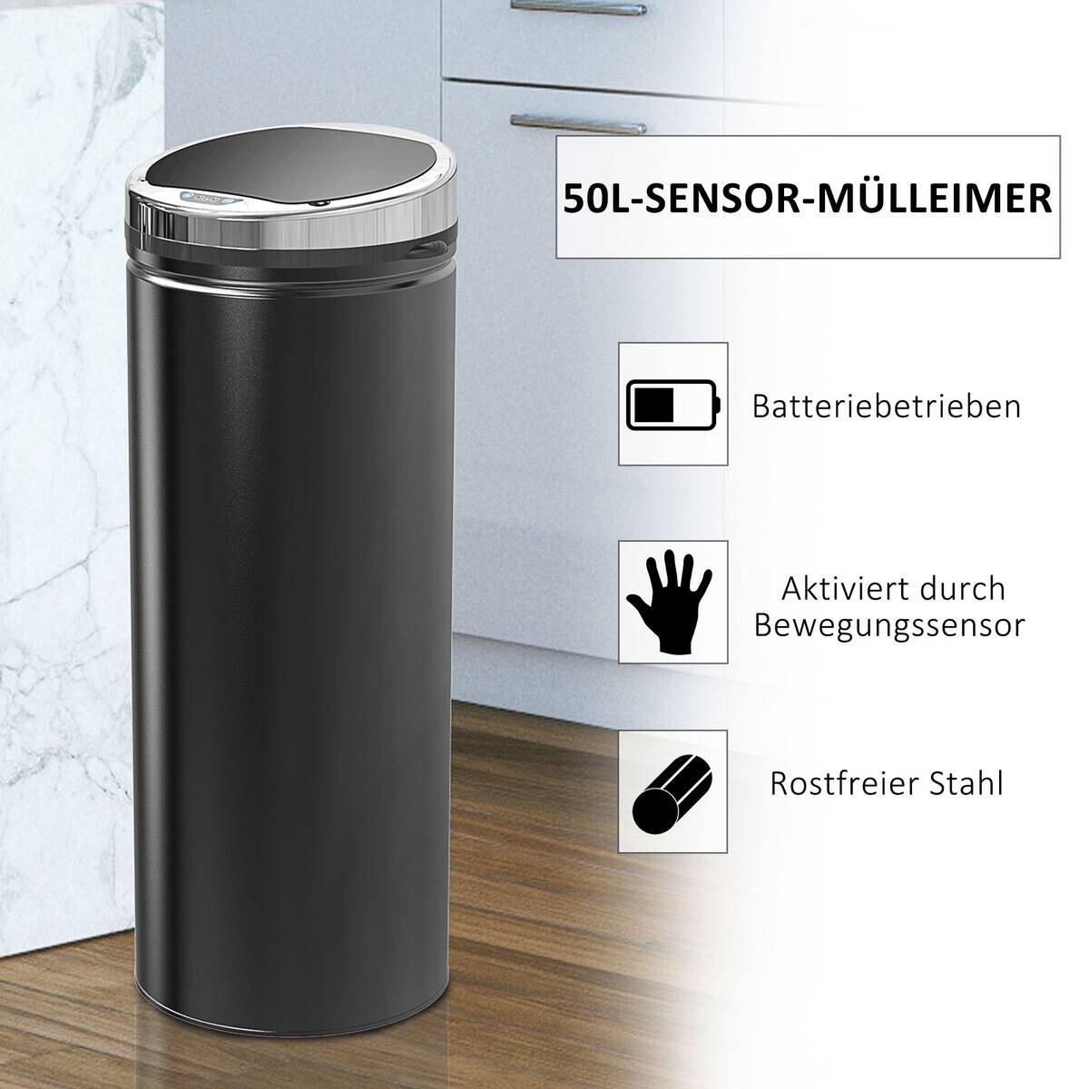 HOMCOM Automatik-Mülleimer 03-0046 schwarz Stahl Kunststoff Polypropylen B/H/L: ca. 30,5x30,5x81,5 cm