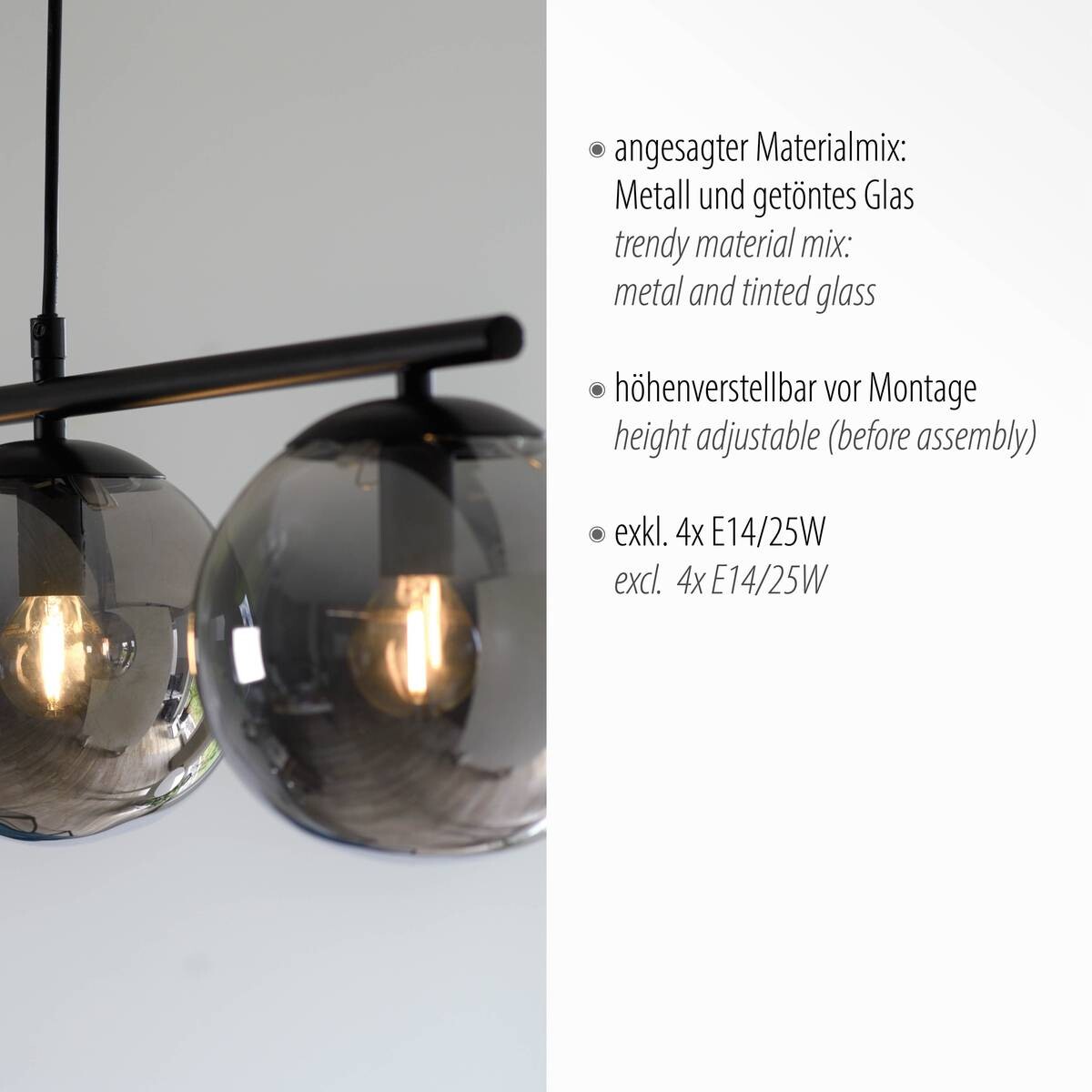 Just Light Pendelleuchte BIG WIDOW 14604-18 schwarz Metall Rauchglas B/H: ca. 100x150 cm E14 4 Brennstellen