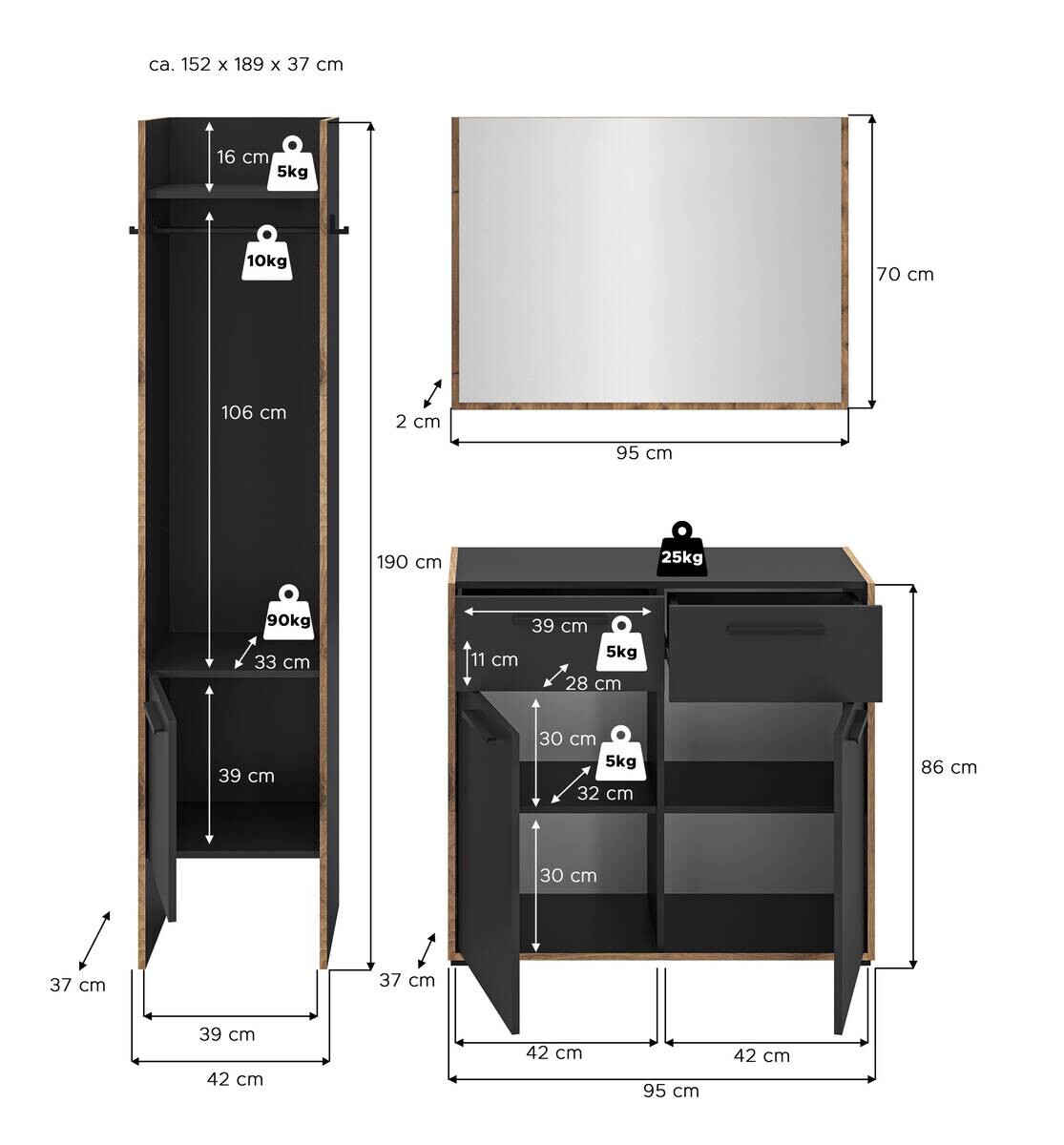 Garderobe Bueno Basalt Nox Oak Nachbildung B/H/T: ca. 152x189x37 cm