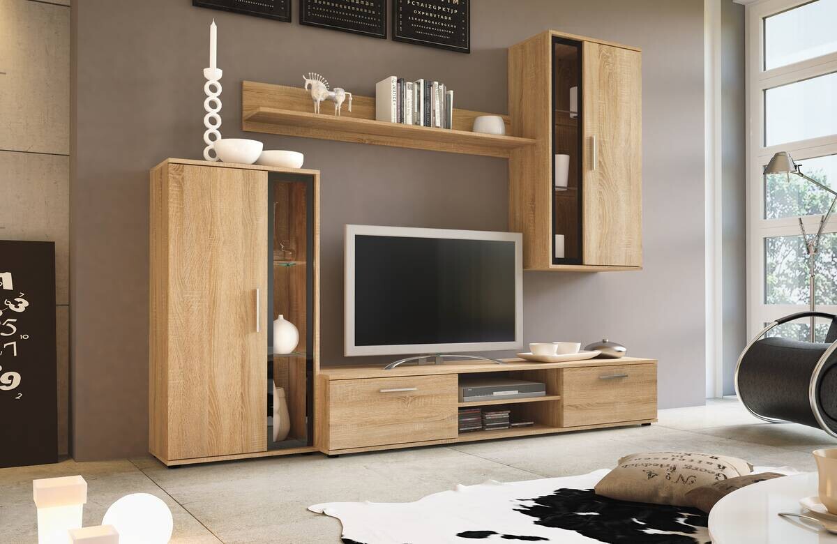 Wohnwand Neon Eiche Sonoma Nachbildung schwarz B/H/T: ca. 233x190x40 cm