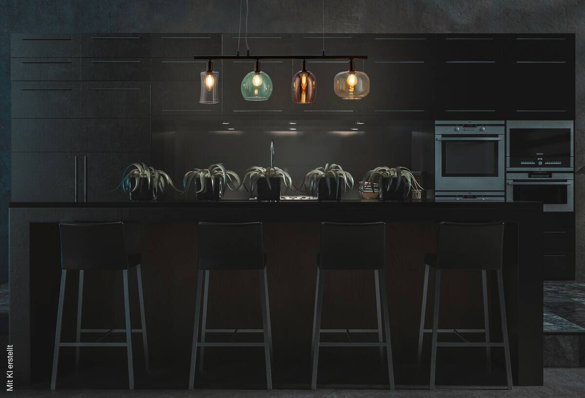 Nowa Pendelleuchte 30170408 schwarz Metall Glas B/H/T: ca. 80x150x14,5 cm E14 4 Brennstellen