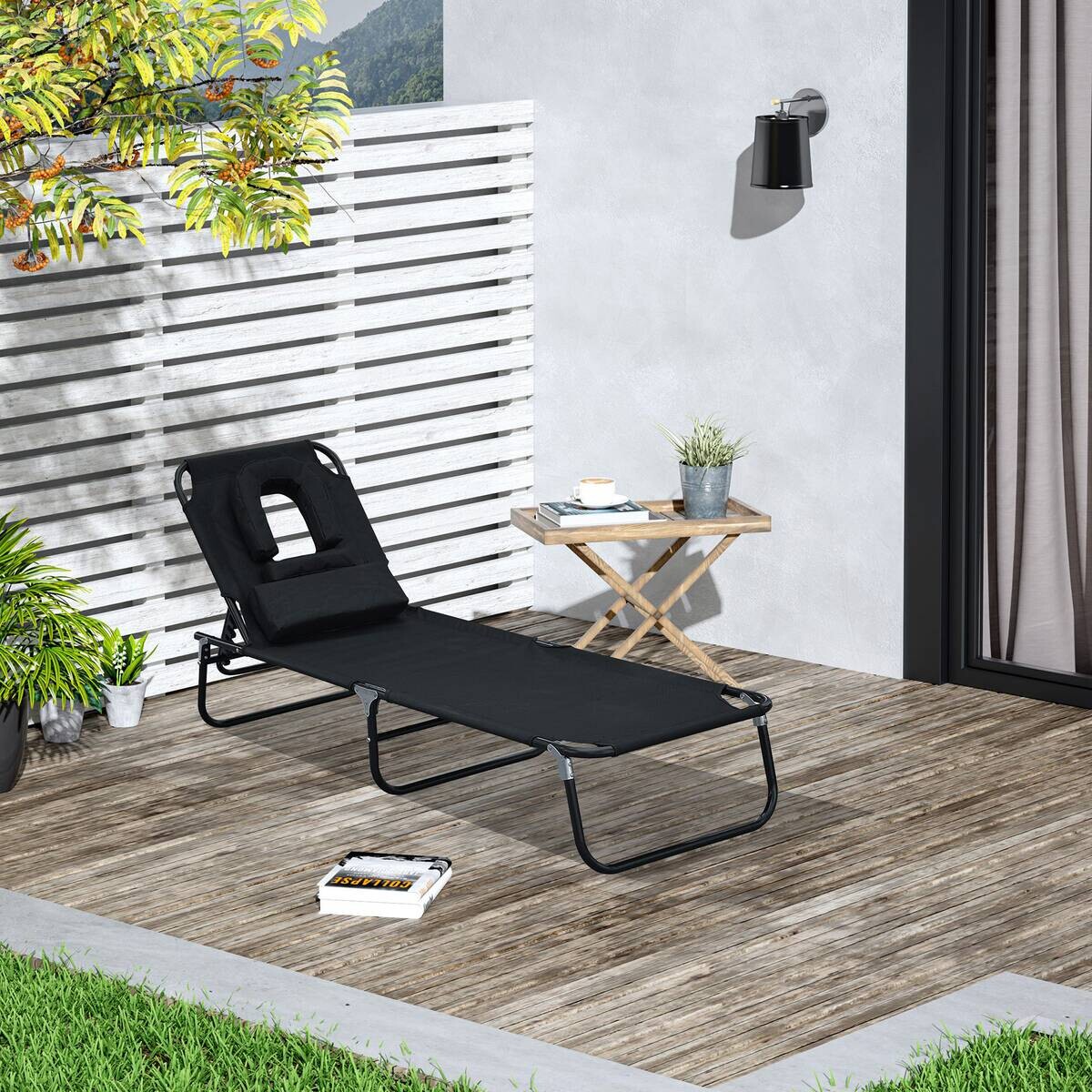 Outsunny Sonnenliege mit Lesefenster schwarz Stahlrohr B/H/L: ca. 28x56x190 cm