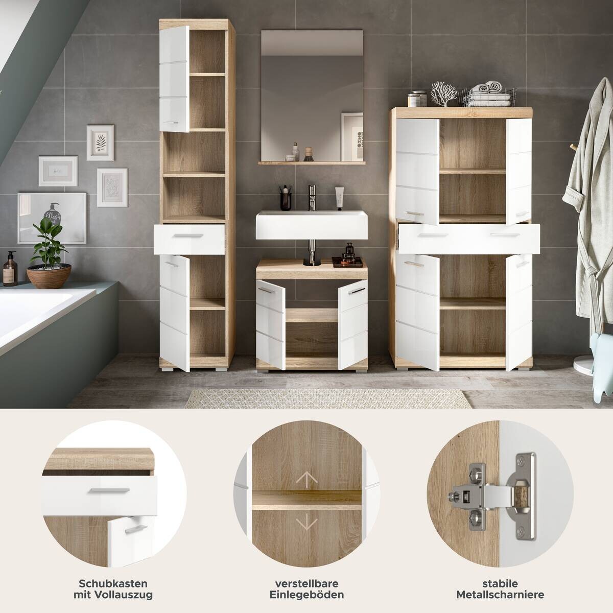 Badezimmer-Set Lambada Eiche Sonoma Nachbildung weiß Hochglanz B/H/T: ca. 186x191x34 cm