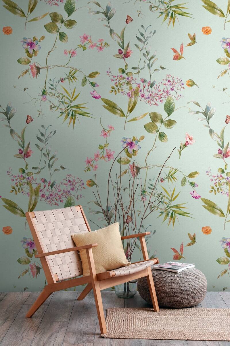 Livingwalls Fototapete Blumen blau rosa grün B/L: ca. 280x159 cm
