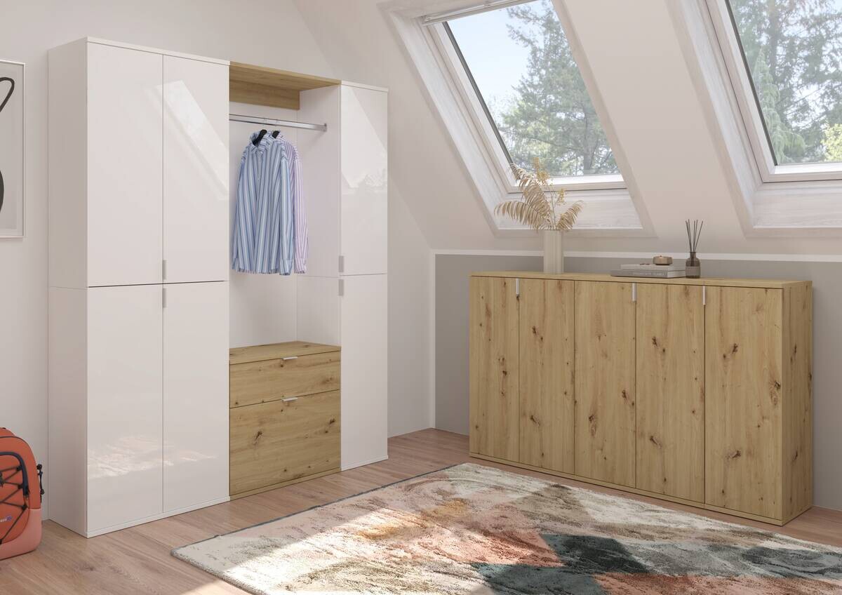 Garderobe PROJEKT weiß Eiche Artisan Nachbildung weiß Hochglanz B/H/T: ca. 152x193x34 cm