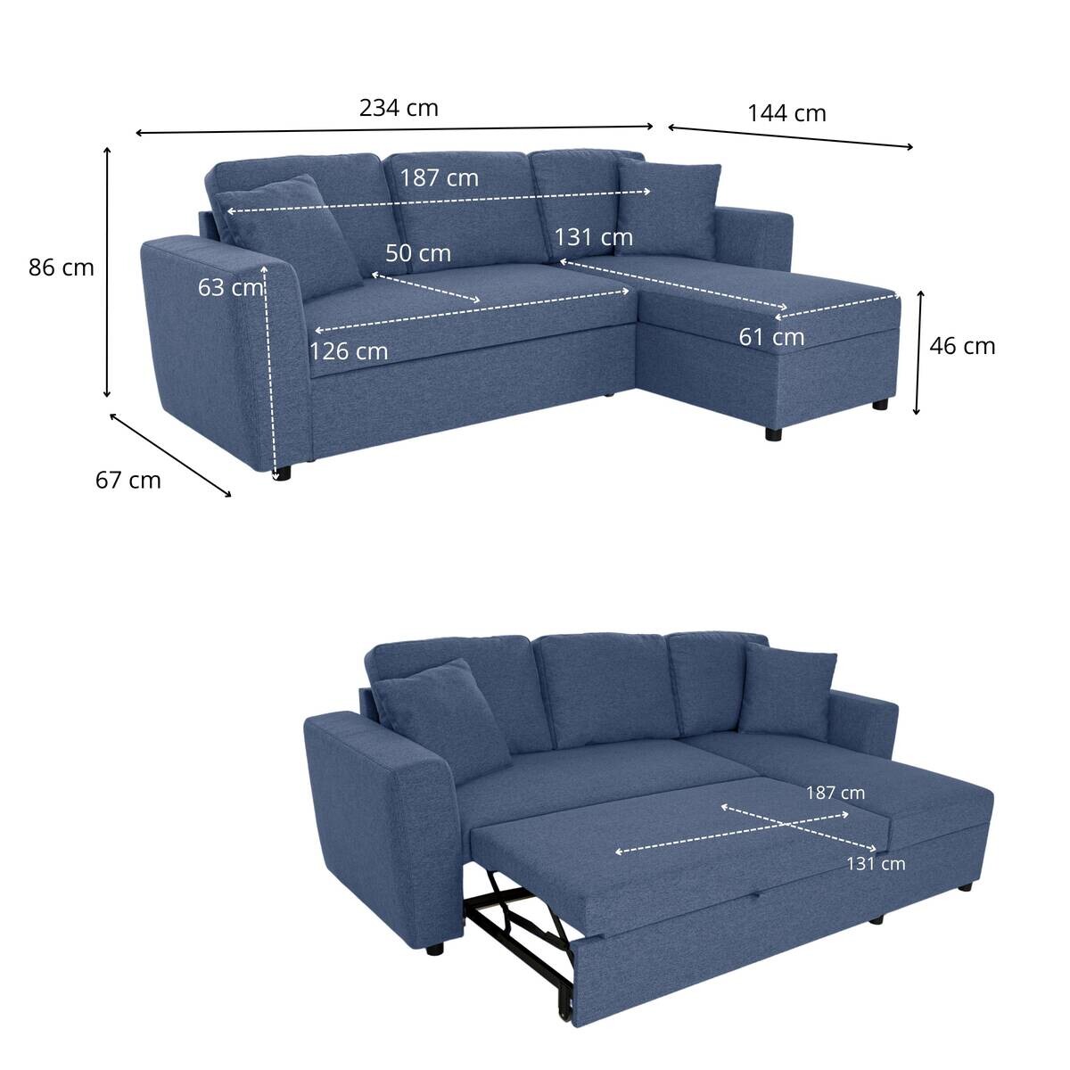 Ecksofa mit Bettfunktion und Bettkasten blau Webstoff B/H/T: ca. 234x86x144 cm