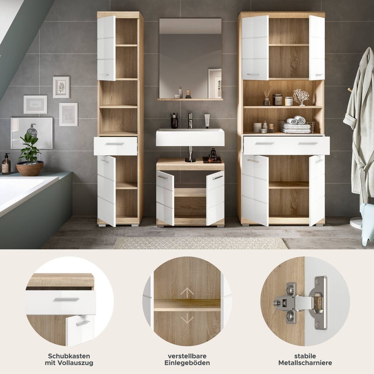 Badezimmer-Set Lambada Eiche Sonoma Nachbildung weiß Hochglanz B/H/T: ca. 186x191x34 cm