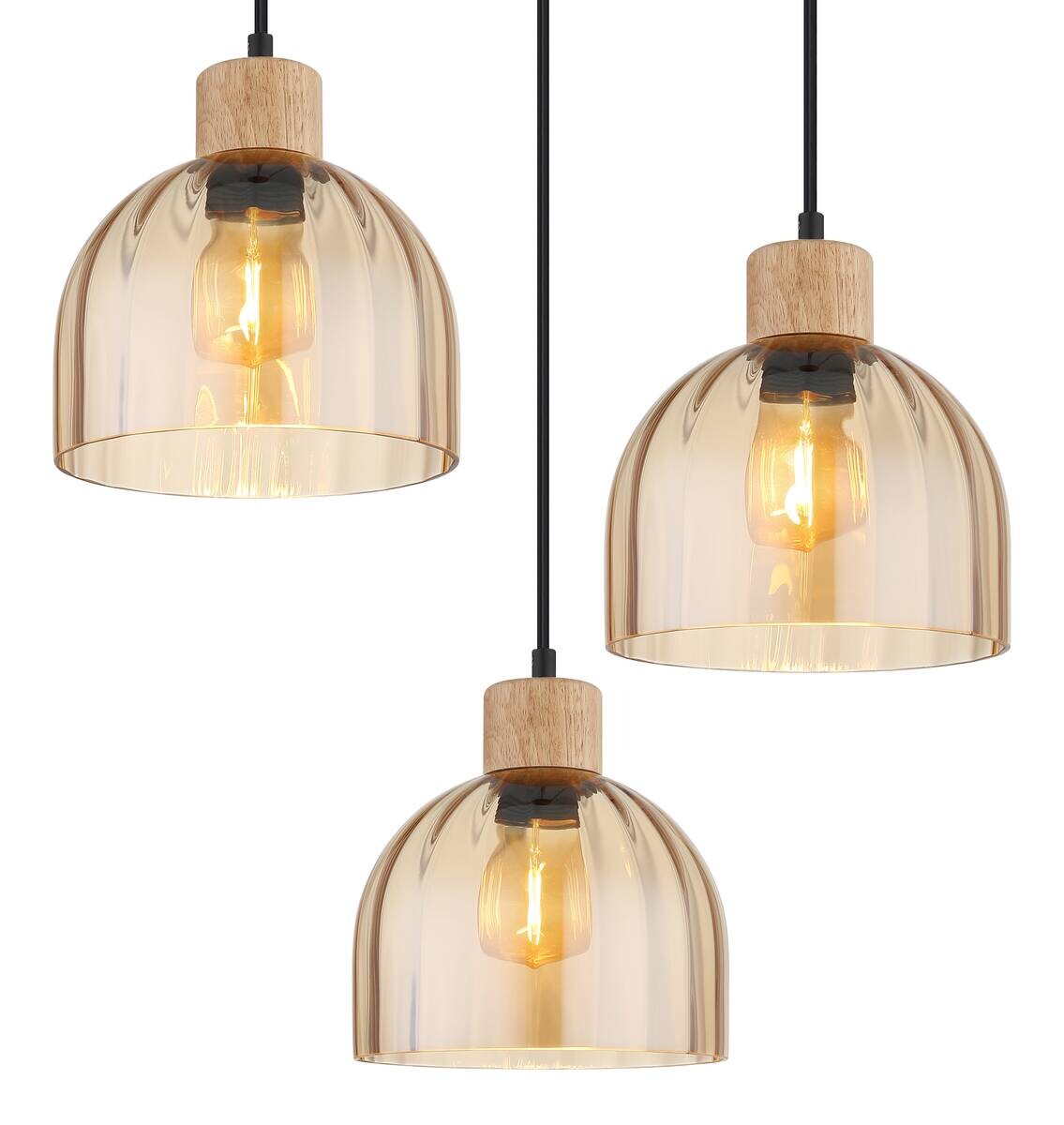 GLOBO Pendelleuchte schwarz amber Glas Metall H/D: ca. 130x40 cm E27 3 Brennstellen