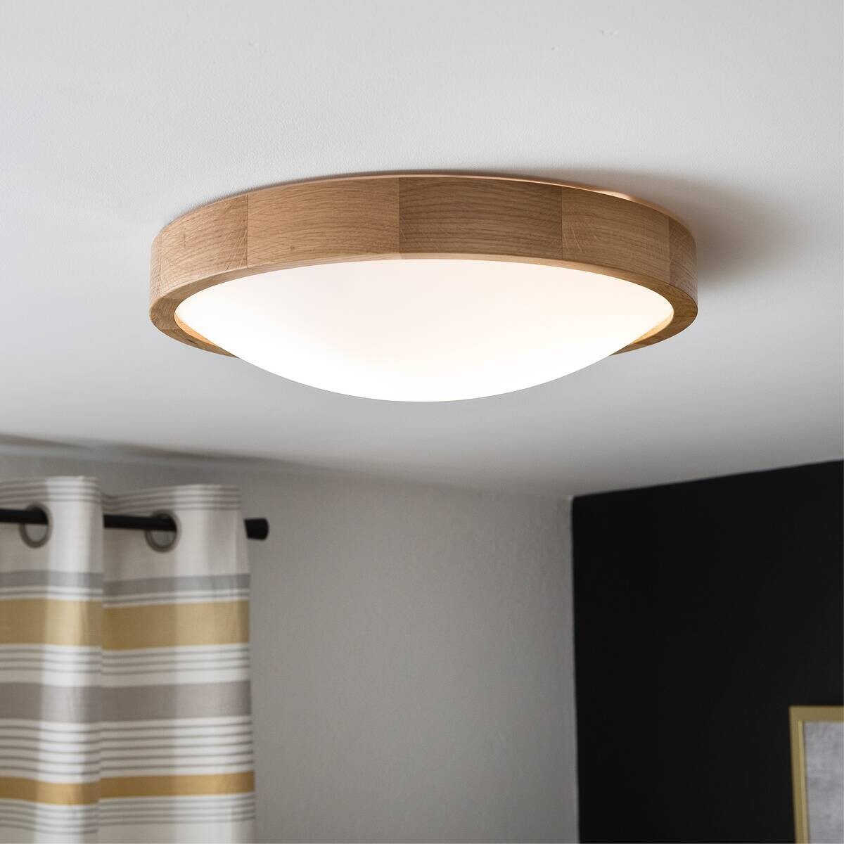 Lamkur Deckenleuchte Anello Eiche Glas Holz H/L: ca. 8x37 cm E27 2 Brennstellen