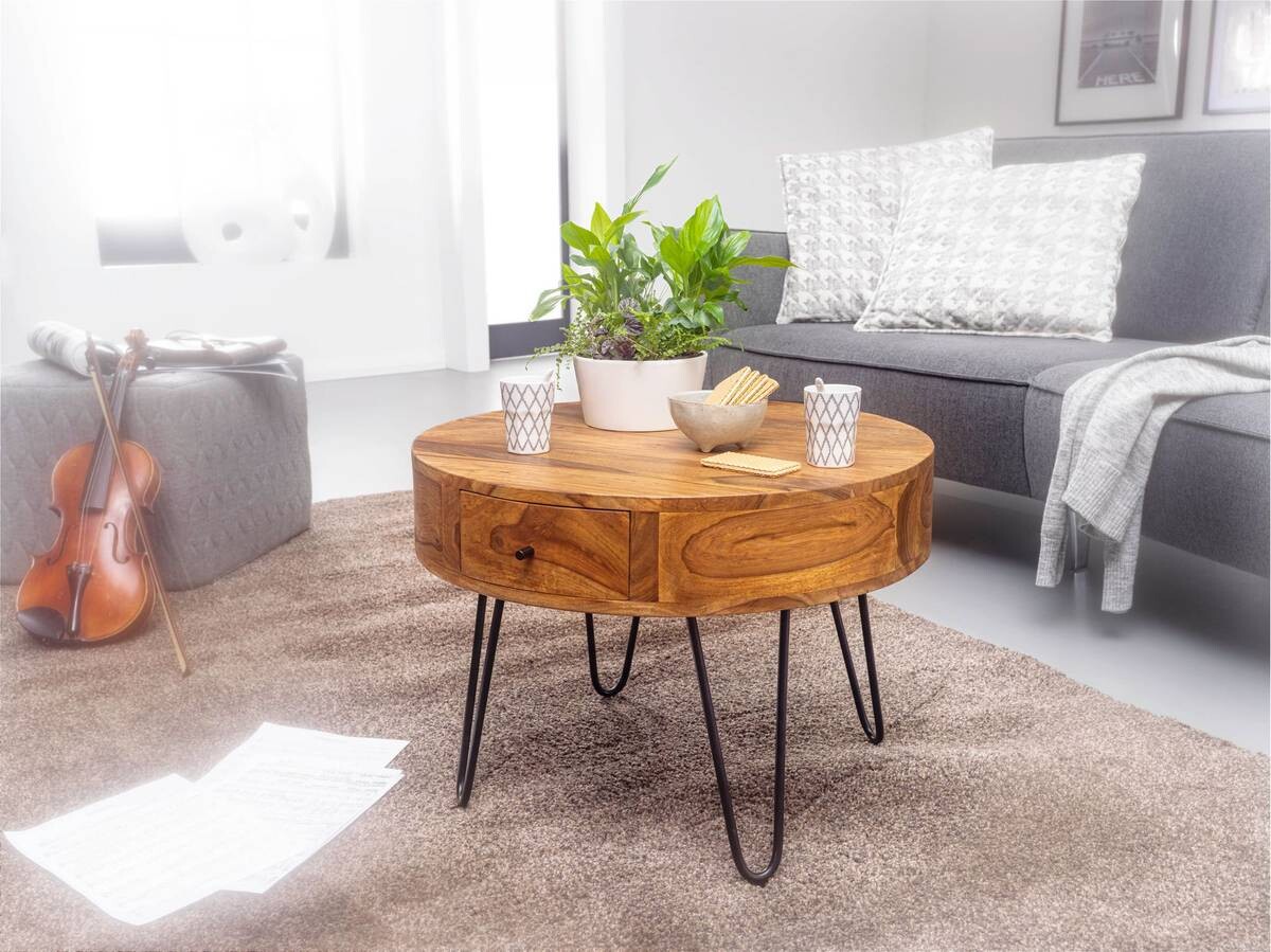 Wohnling Couchtisch natur schwarz Echtholz Edelstahl B/H/T: ca. 60x44,5x60 cm