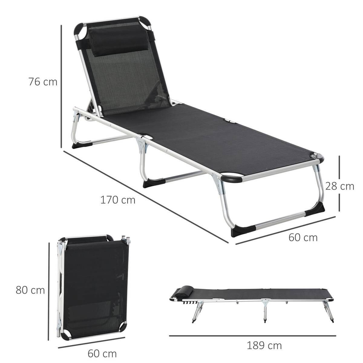 Outsunny Sonnenliege mit Kopfkissen schwarz Aluminium B/H/L: ca. 60x76x170 cm
