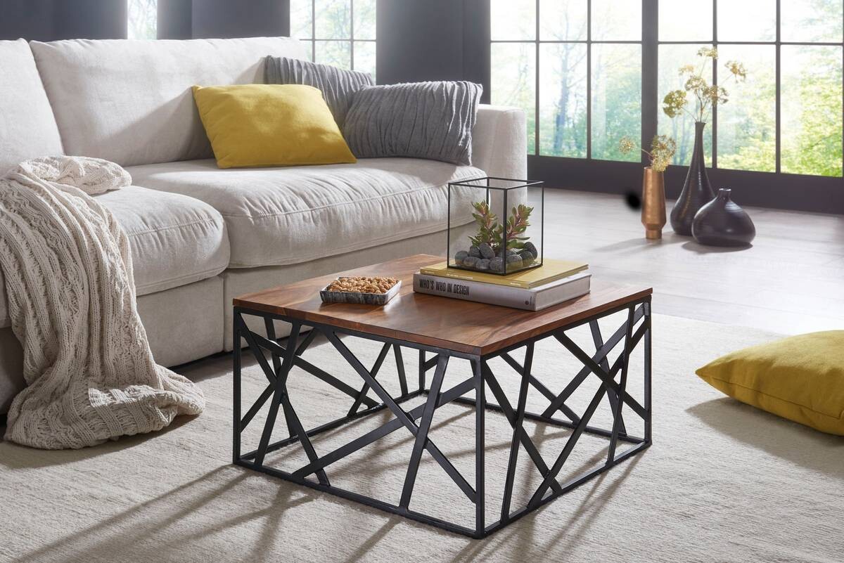 Wohnling Couchtisch natur schwarz Echtholz Eisen B/H/T: ca. 60x35x60 cm