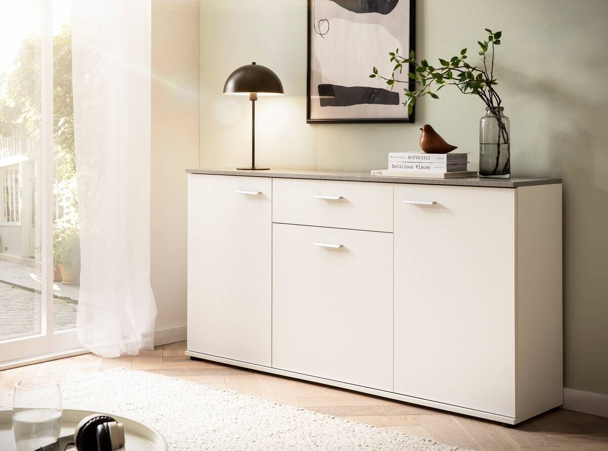 Kommode Alanis weiß matt Beton Optik B/H/T: ca. 150x80x34 cm