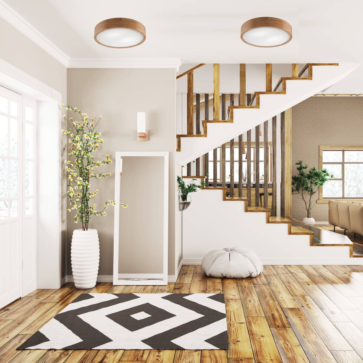 Lamkur Deckenleuchte Eveline Eiche Glas Holz H/L: ca. 8x37 cm E27 2 Brennstellen