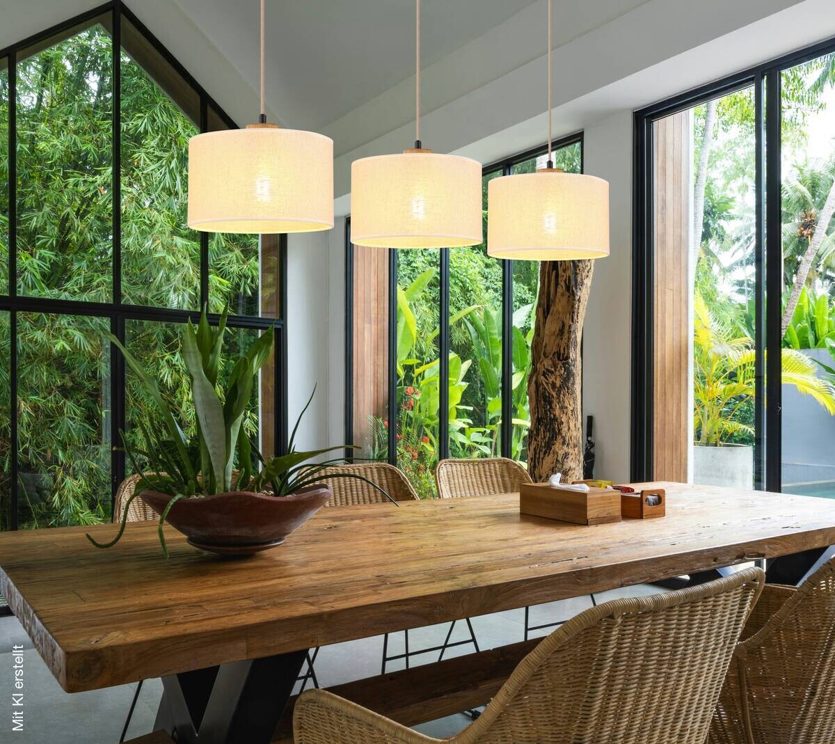 GLOBO Pendelleuchte Jule braun Holz Leinen B/H/L: ca. 25x120x100 cm E27 3 Brennstellen