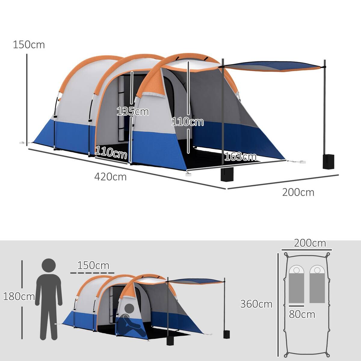 Outsunny Campingzelt orange Stahl B/H/L: ca. 200x150x420 cm
