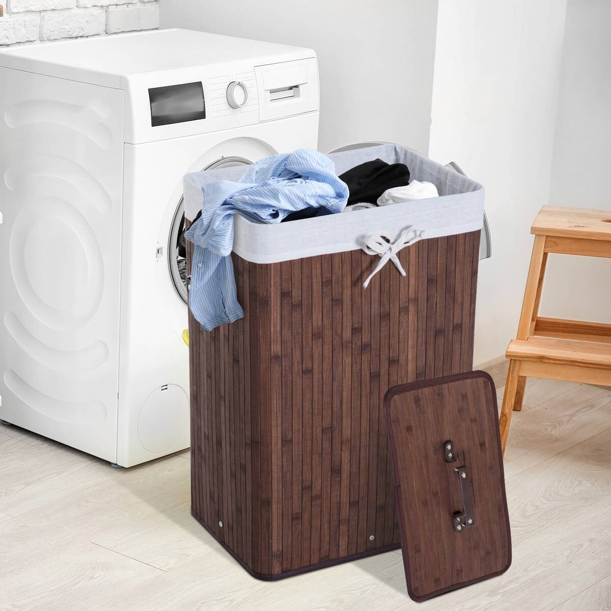HOMCOM Wäschekorb mit 2 Tragegriffen dunkelbraun Bambus Stoff Kunststoff B/H/L: ca. 30x60x40 cm