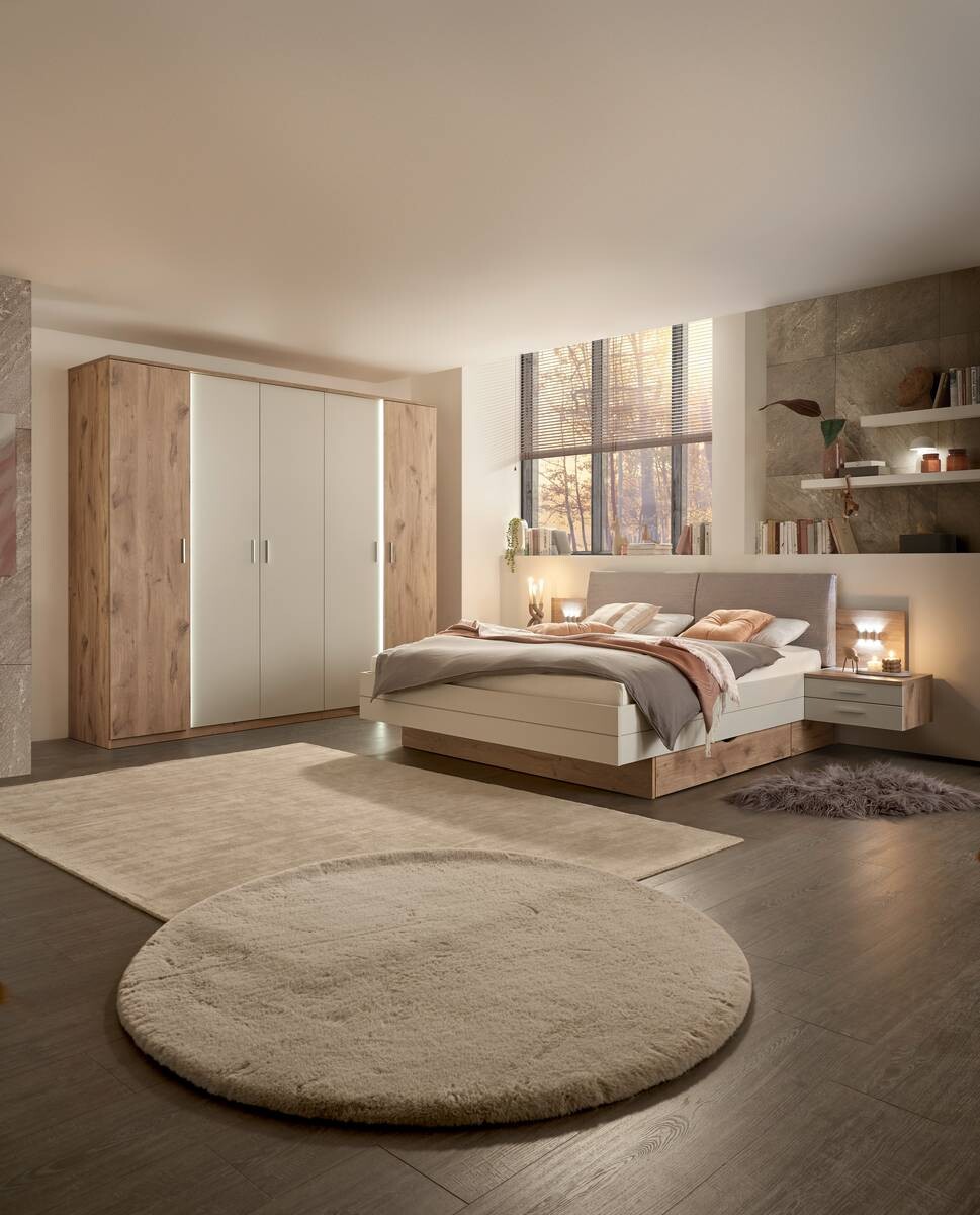 Bettanlage Moledo Eiche Viking Nachbildung hellgrau B/H/T: ca. 296x102x216 cm Liegefläche B/L: ca. 180x200 cm