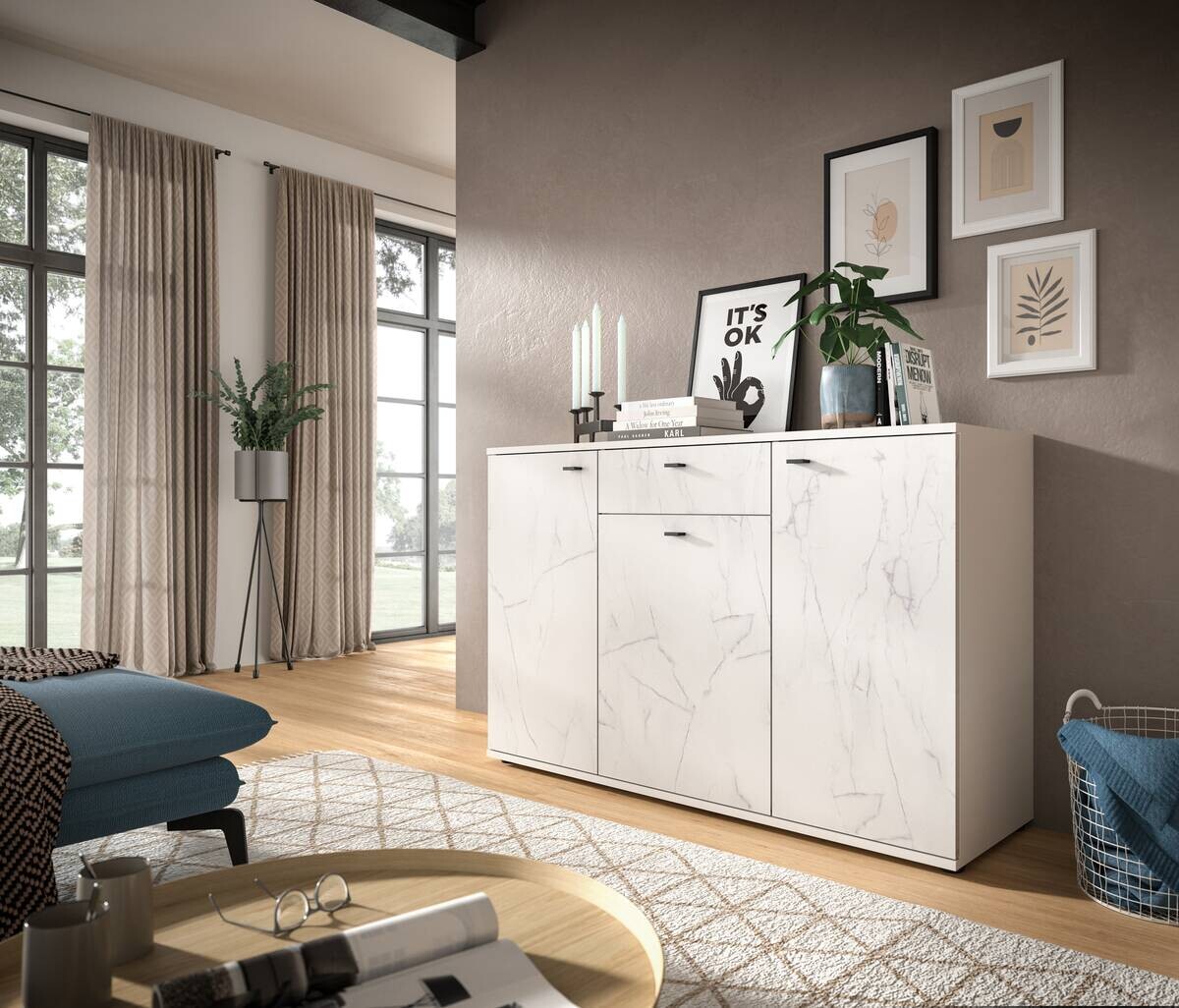 Sideboard Stone weiß Marmoroptik B/H/T: ca. 139x88x41 cm