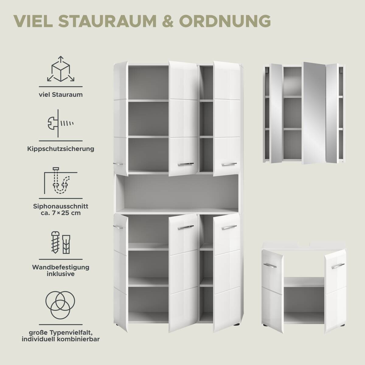 Badezimmer-Set Ice weiß weiß Hochglanz B/H/T: ca. 165x185x30 cm
