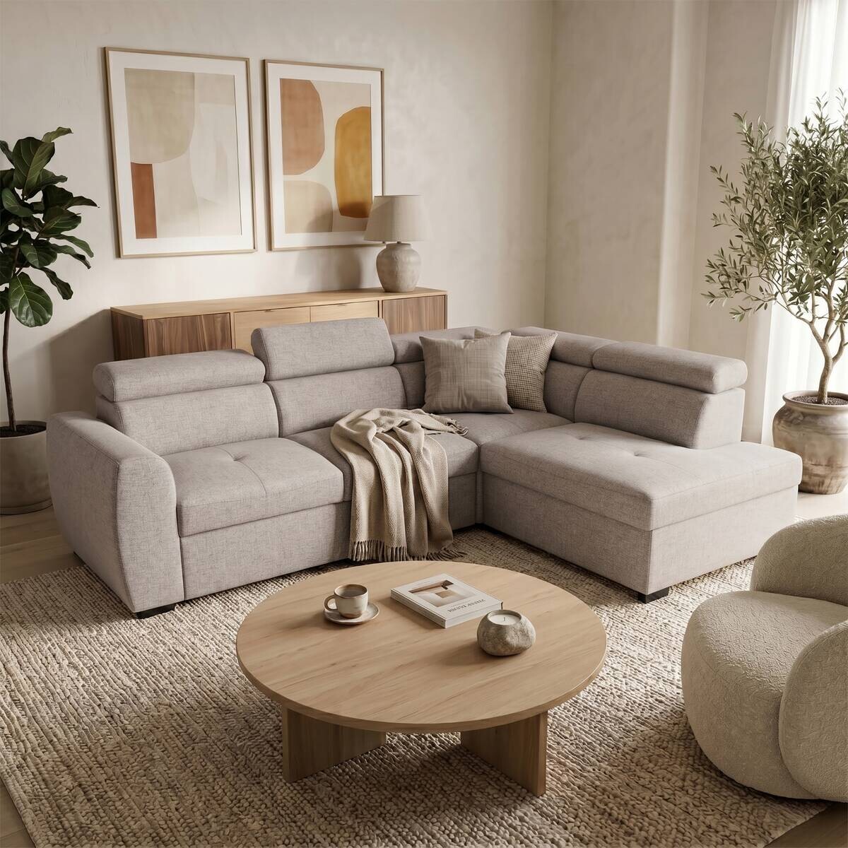 Ecksofa mit Bettfunktion und Bettkasten beige Webstoff B/H/T: ca. 245x184x87 cm