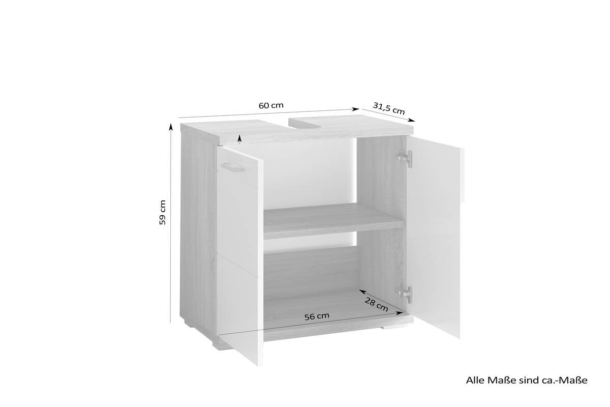 Waschbeckenunterschrank NEBRASKA Eiche Nachbildung weiß Lack Hochglanz silber B/H/T: ca. 60x59x31,5 cm