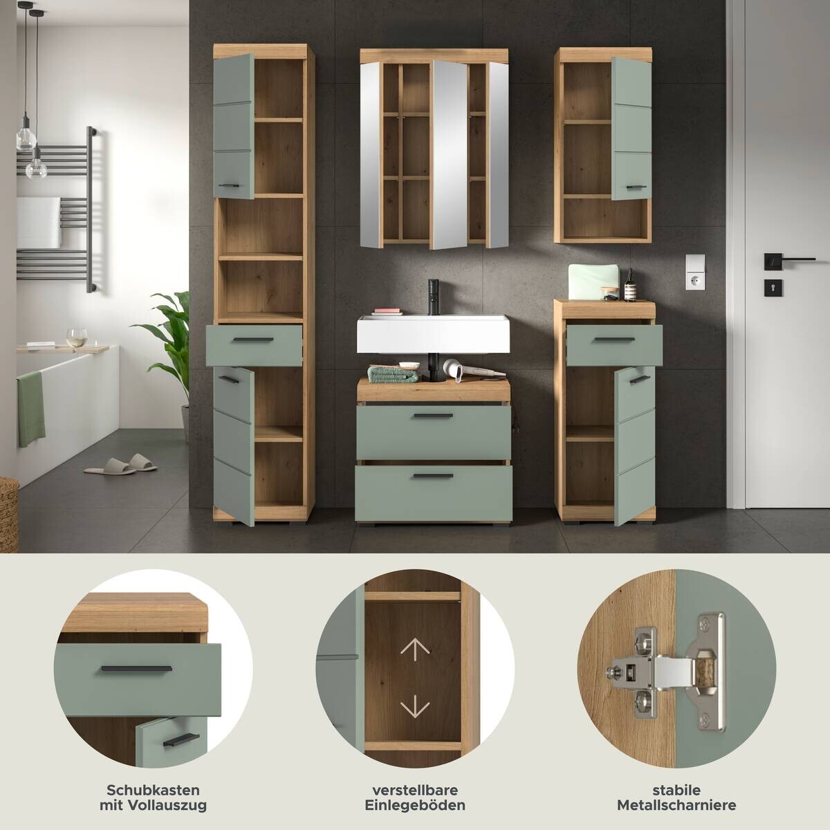Badezimmer-Set Scout Eiche Artisan Nachbildung salbei Nachbildung B/H/T: ca. 164x191x37 cm