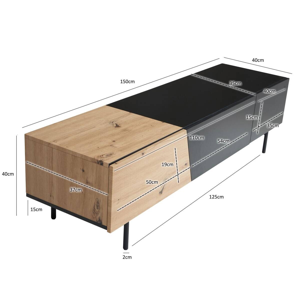 Lowboard schwarz Eiche Optik B/H/T: ca. 150x40x40 cm